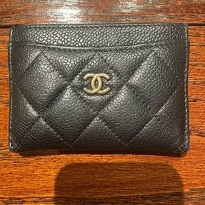 CHANEL Black Quilted Card Holder with Gold Logo